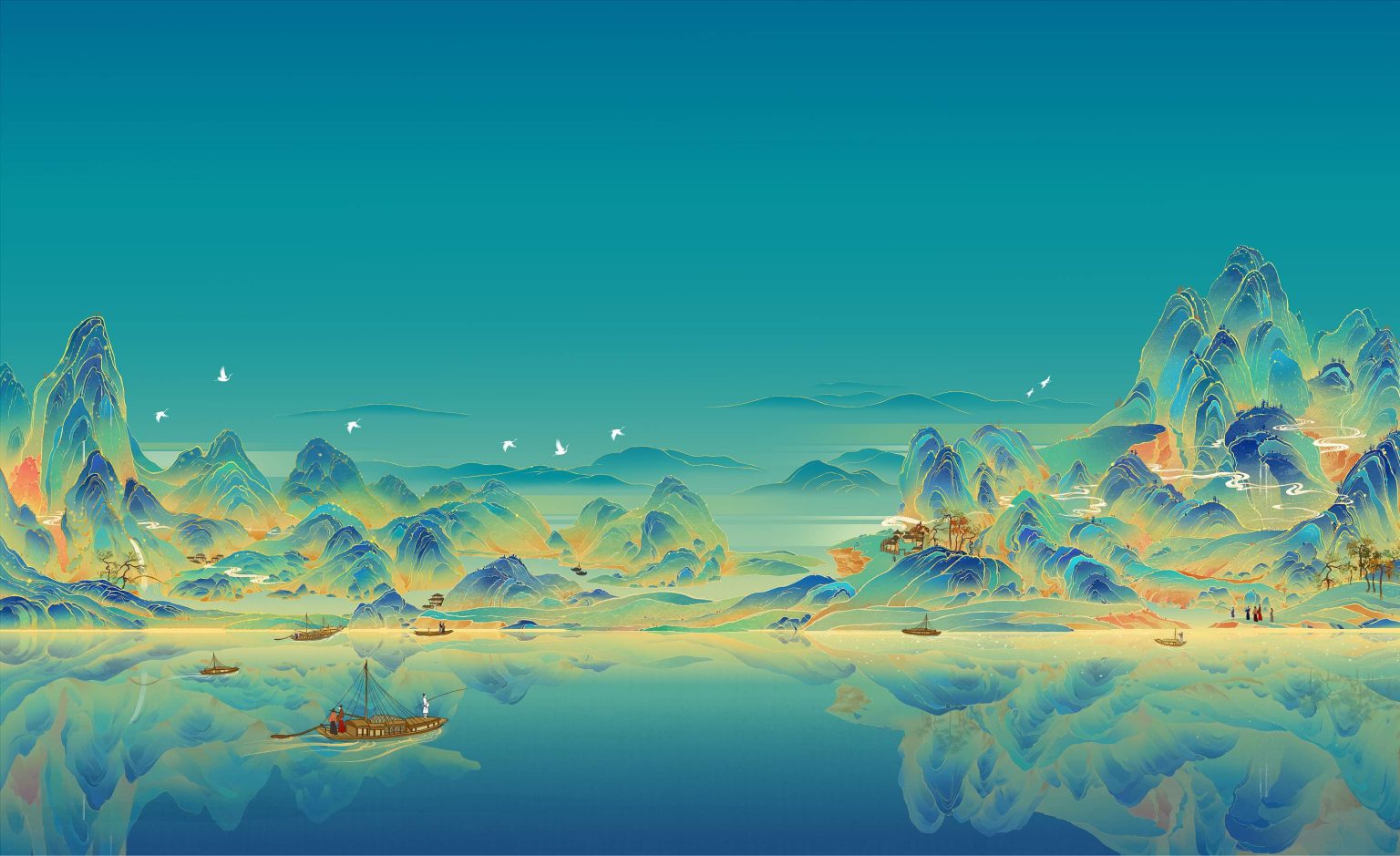 中国十大传世名画之一《千里江山图》全卷高清欣赏（细节放大）_王希孟